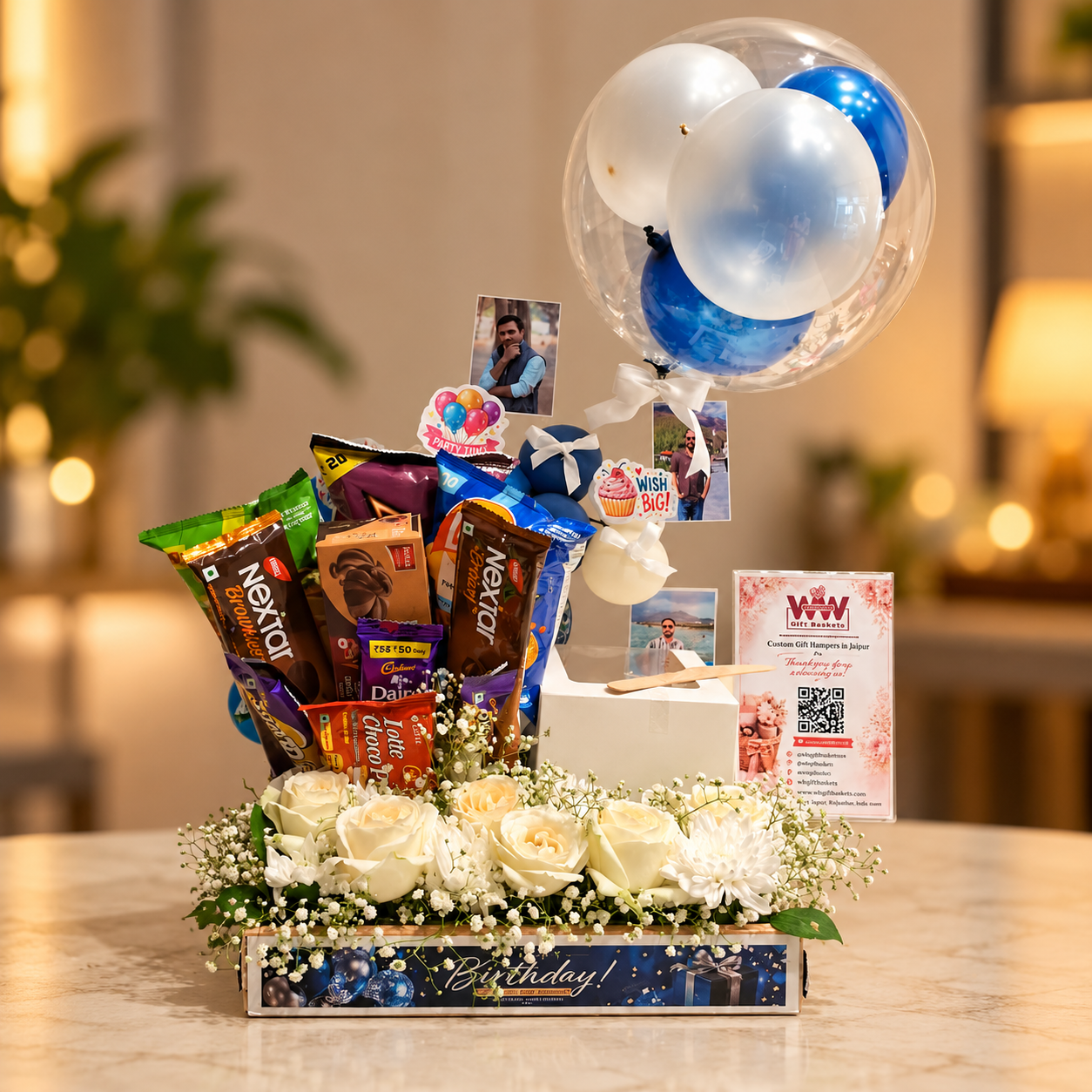 Real Flowers, Cake and Custom Gift Birthday Hamper for Fiance / Husband